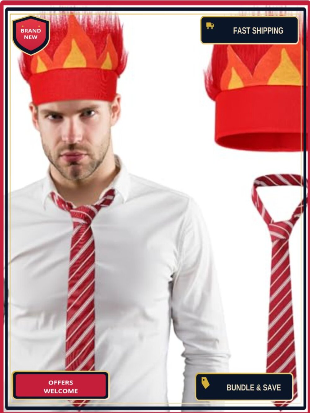 2 Pc Halloween Costume Set Flame Hairy Headband Red Striped Tie Adults